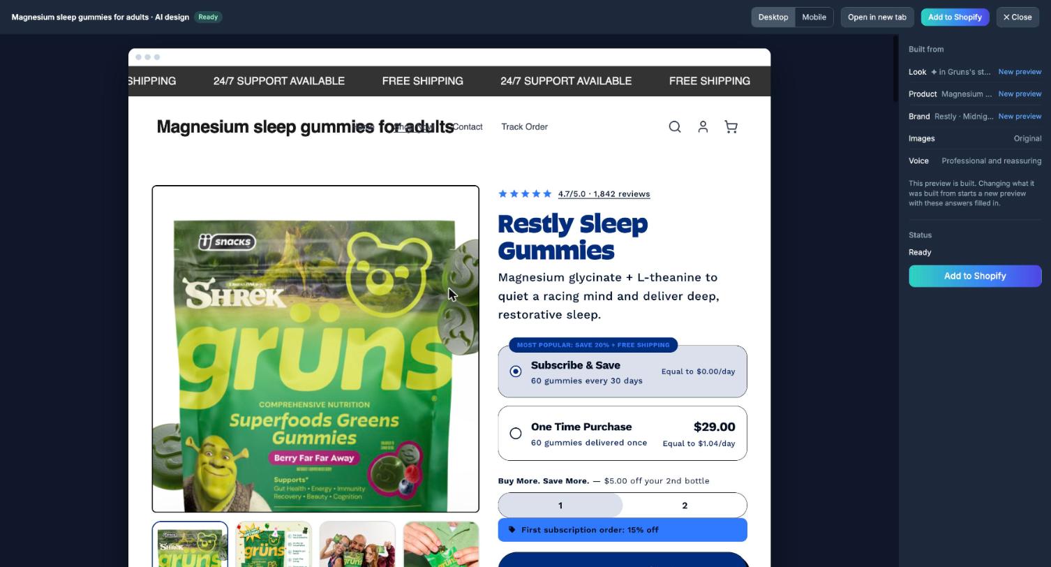 Product page of the test build: Grüns packaging with a Shrek character in the gallery, '4.7/5.0 · 1,842 reviews' above the title Restly Sleep Gummies, and 'Equal to $0.00/day' in the price box