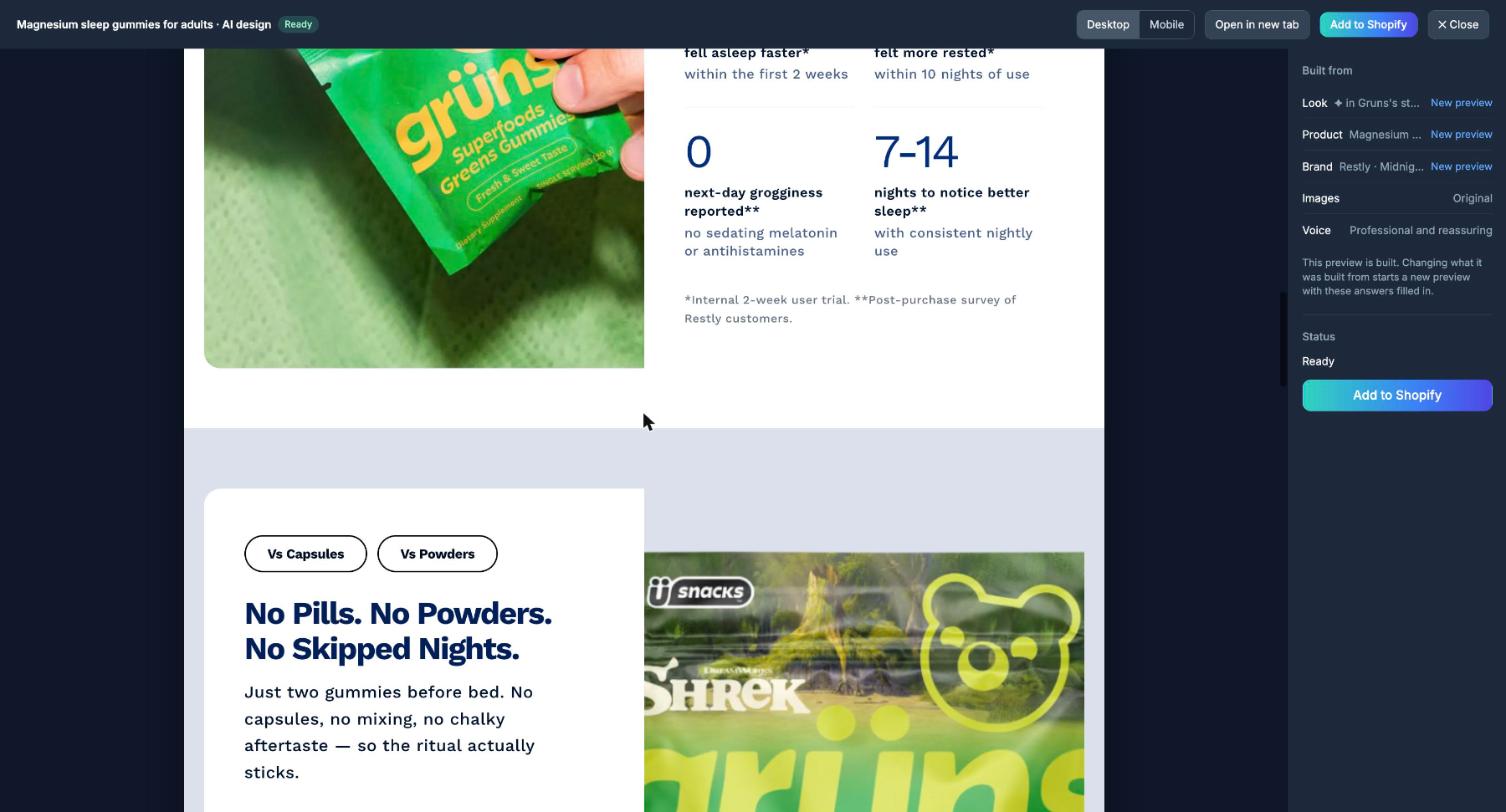 Comparison section reusing the Grüns Shrek packaging photo next to the headline 'No Pills. No Powders. No Skipped Nights.'